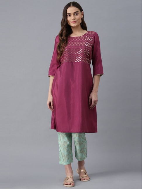 Aure by Aurelia Purple & Green Embellished Kurta Pant Set Price in India