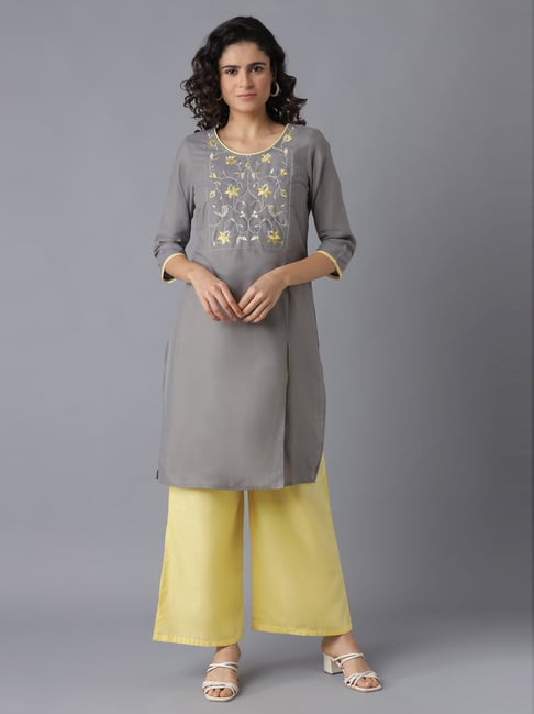 Aure by Aurelia Grey & Yellow Embroidered Kurta Palazzo Set