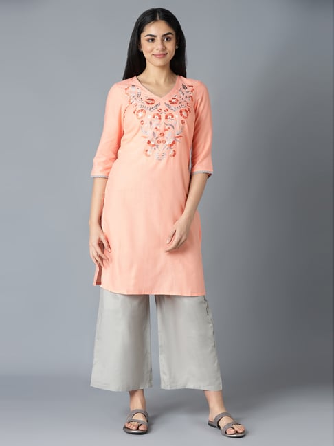 Aure by Aurelia Orange & Grey Embroidered Kurta Palazzo Set