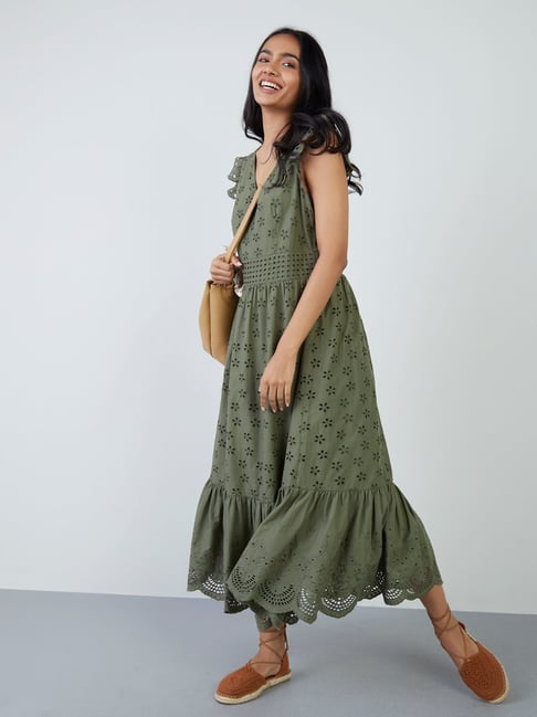 LOV by Westside Olive Schiffli Design Tiered  Dress Price in India