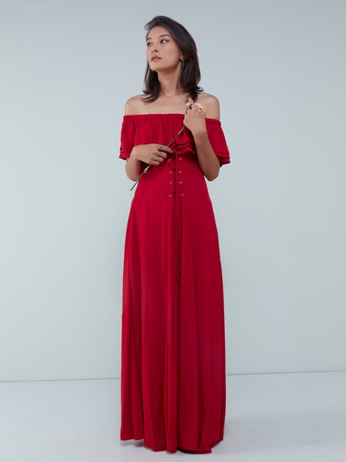 strapless open back dress Red Ruched Drop Waist Thalia Midi Dress main image 0