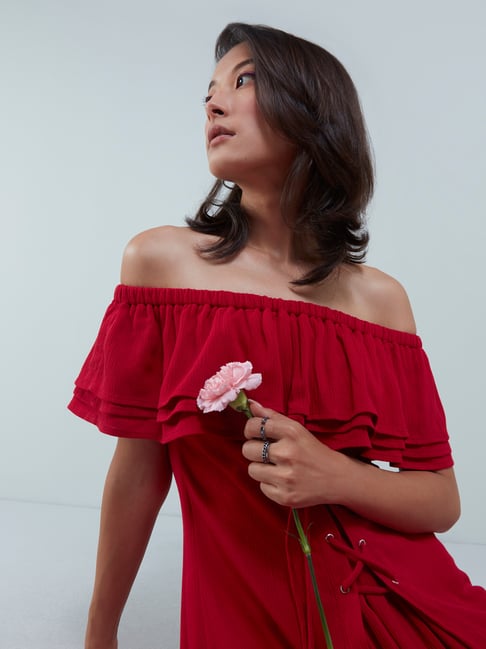 strapless open back dress Buy Maira Drop Waist Midi Dress in Red Online in India on Miss Mosa