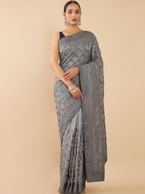 Soch Grey Zari Work Saree With Unstitched Blouse Price in India