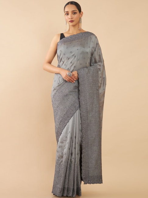 Soch Grey Zari Work Saree With Unstitched Blouse Price in India