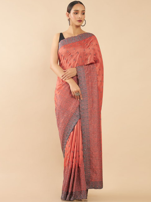 Soch Rust Zari Work Saree With Unstitched Blouse Price in India
