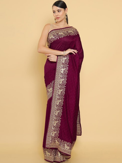 Soch Maroon Embellished Saree With Unstitched Blouse Price in India