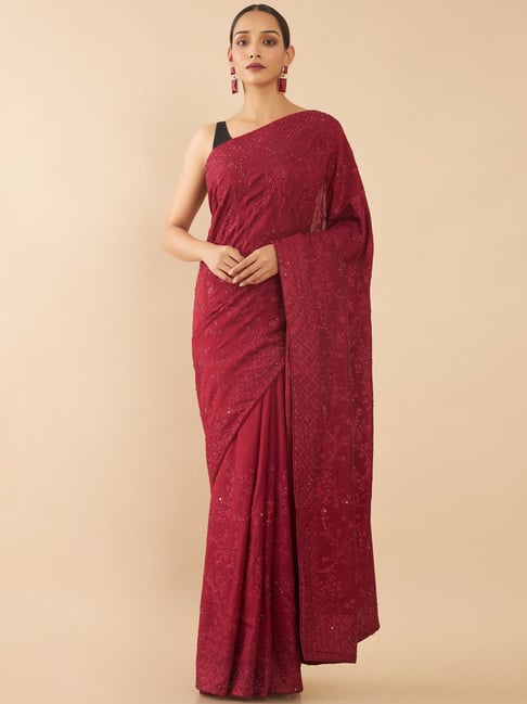Soch Maroon Embroidered Saree With Unstitched Blouse Price in India
