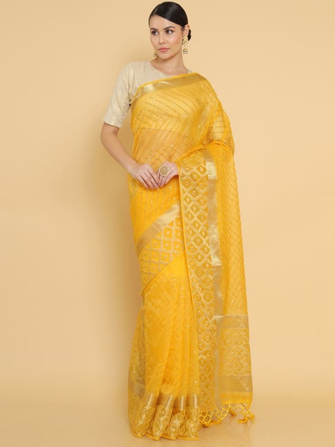 Soch Yellow Embellished Saree With Unstitched Blouse Price in India