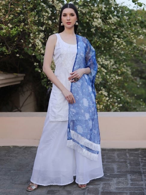 SHADES White Cotton Embroidered Kota Kurti Sharara Set With Dupatta Price in India