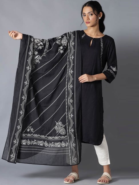 W Black Cotton Printed Dupatta