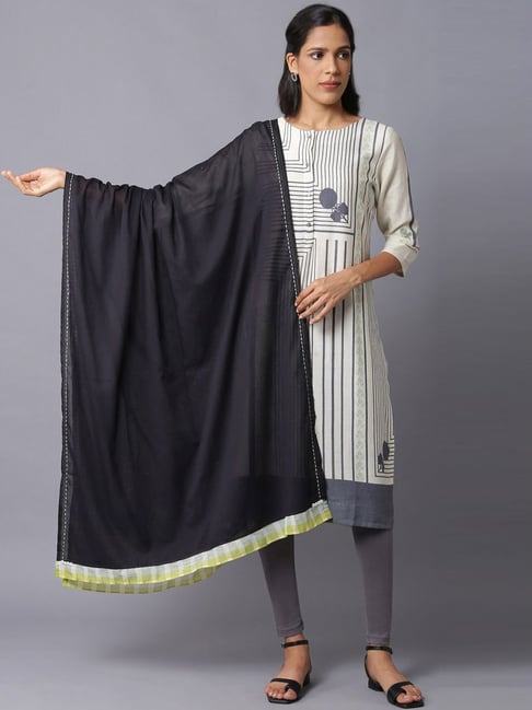 W Black Cotton Solid Dupatta