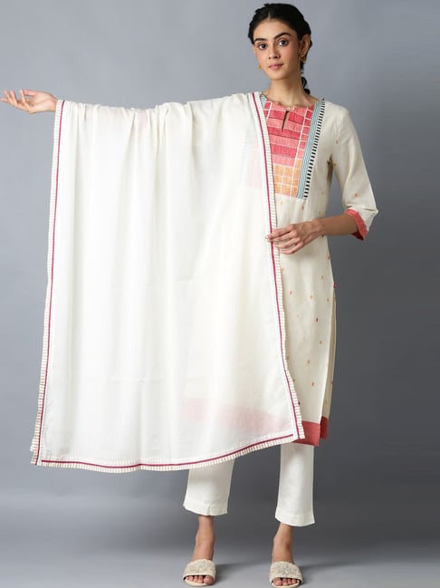 W White Cotton Solid Dupatta