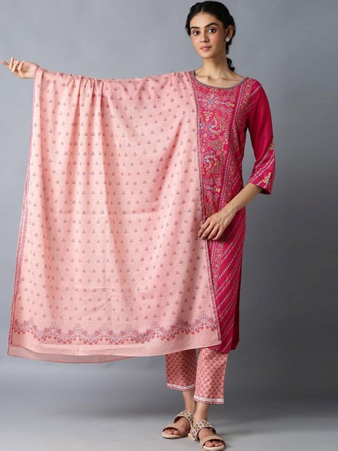 W Peach Cotton Printed Dupatta