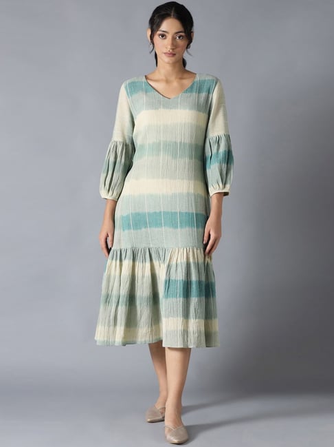 W Off-White & Blue Cotton Striped A-Line Dress Price in India