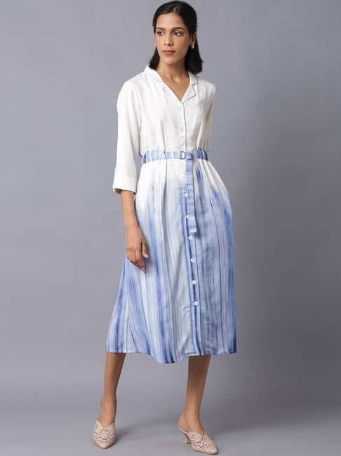 W White & Blue A-Line Dress Price in India