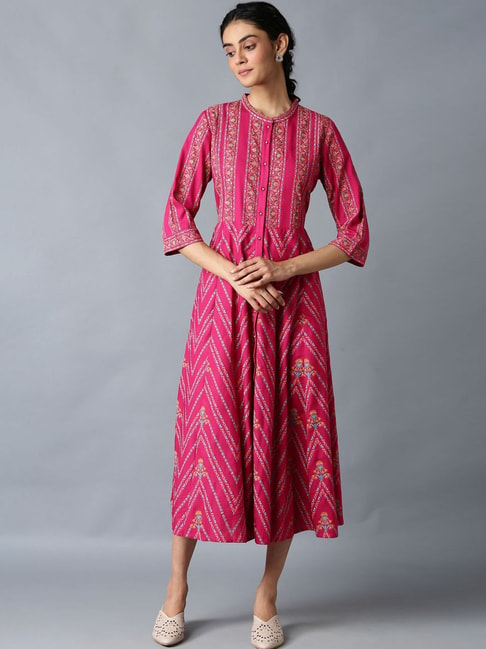W Pink Embroidered A Line Kurta Price in India