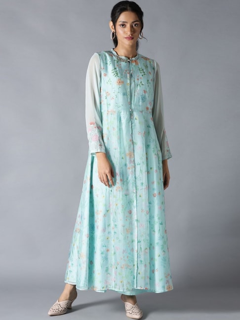 Wishful by W Blue Floral Print Flared Kurta With Jacket Price in India