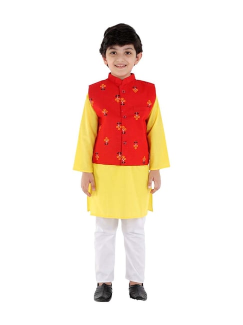 Ahhaaaa Kids Red & Yellow Cotton Floral Print Kurta Set-picture-14
