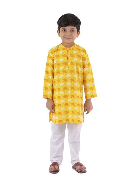 Ahhaaaa Kids Yellow & White Cotton Printed Kurta Set-picture-19