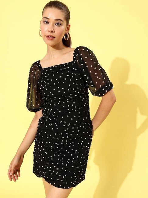 Berrylush Women Black & White Polka Dot Printed V-Neck Flounce Wrap Mi