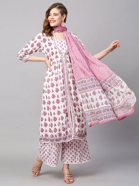 Fashor White & Pink Cotton Floral Print Kurta Palazzo Set With Dupatta Price in India