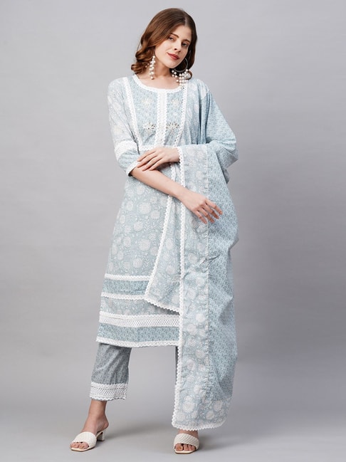 Fashor Blue Cotton Floral Print Kurta Pant Set With Dupatta Price in India