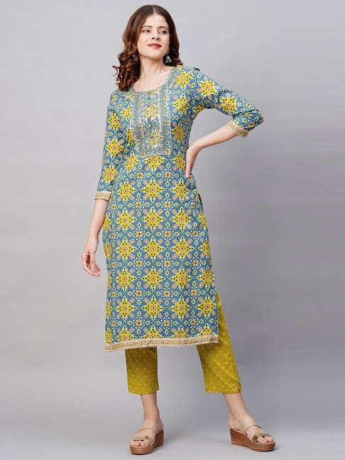 Fashor Blue & Yellow Cotton Embroidered Kurta Pant Set Price in India