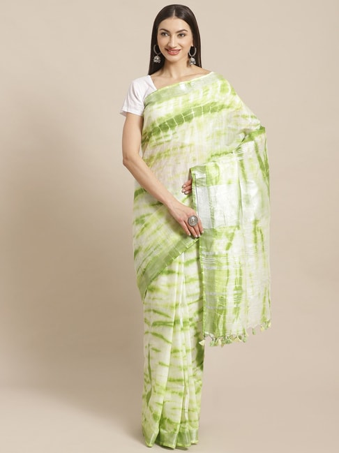 Kalakari India Green Linen Tie & Dye Saree With Unstitched Blouse Price in India