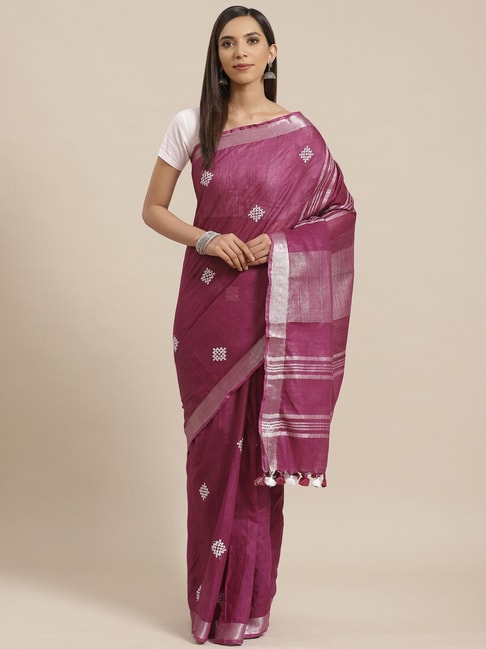 Kalakari India Purple Linen Embroidered Saree With Unstitched Blouse Price in India