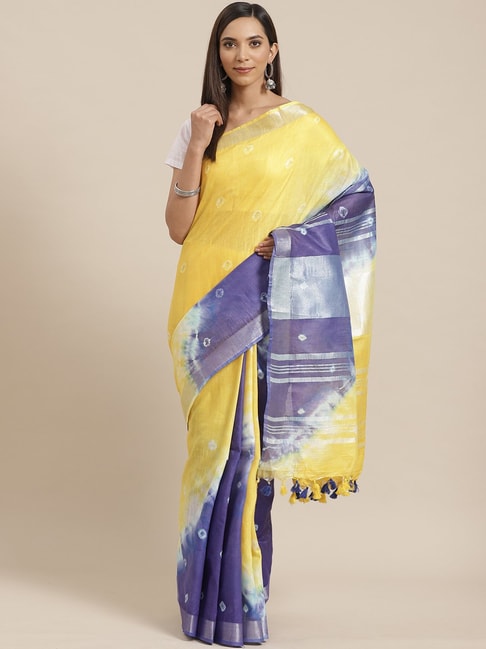 Kalakari India Yellow & Purple Linen Tie & Dye Saree With Unstitched Blouse Price in India