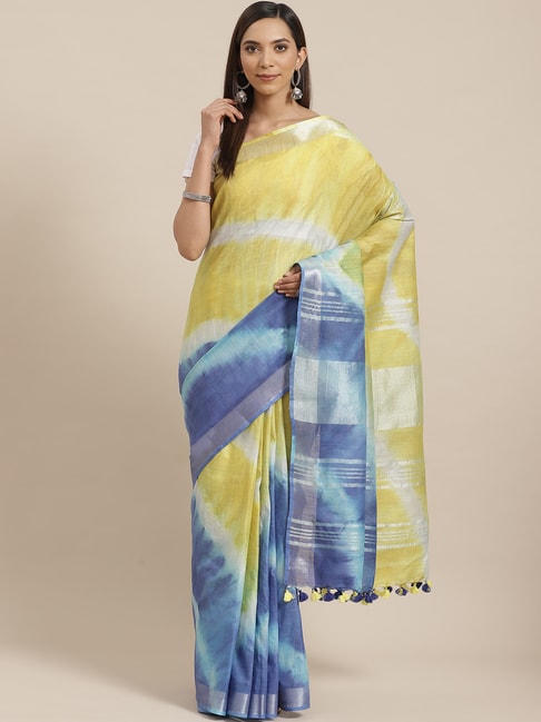 Kalakari India Yellow & Blue Linen Tie & Dye Saree With Unstitched Blouse Price in India