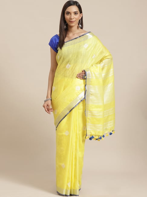 Kalakari India Yellow Linen Embroidered Saree With Unstitched Blouse Price in India