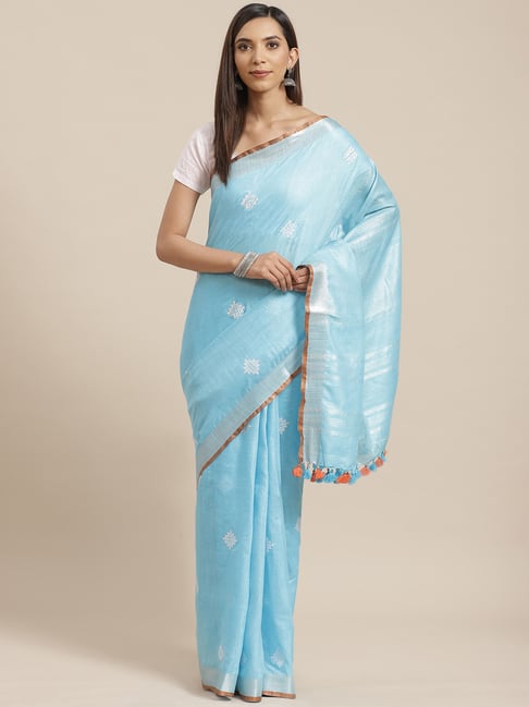 Kalakari India Blue Linen Embroidered Saree With Unstitched Blouse Price in India