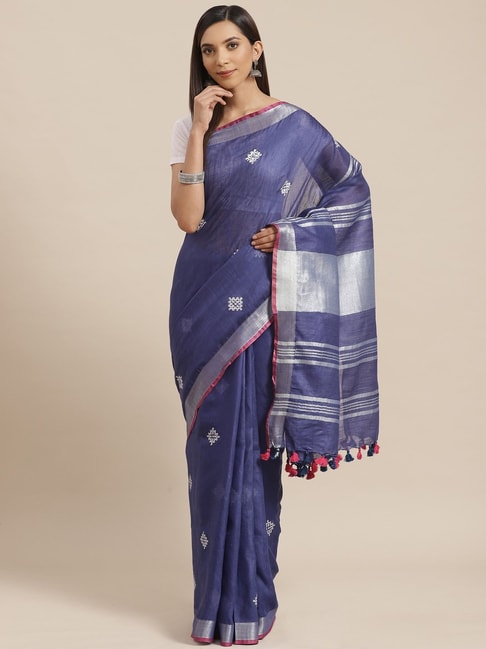 Kalakari India Blue Linen Embroidered Saree With Unstitched Blouse Price in India