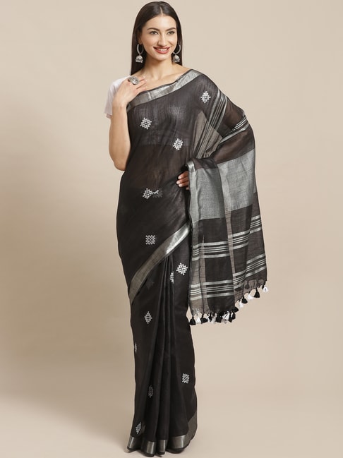 Kalakari India Black Linen Embroidered Saree With Unstitched Blouse Price in India