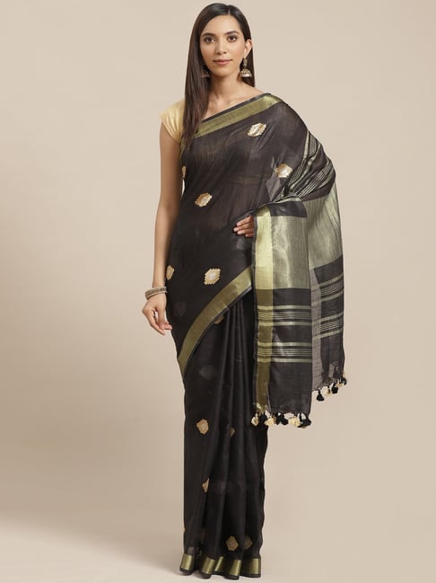Kalakari India Black Linen Woven Saree With Unstitched Blouse Price in India