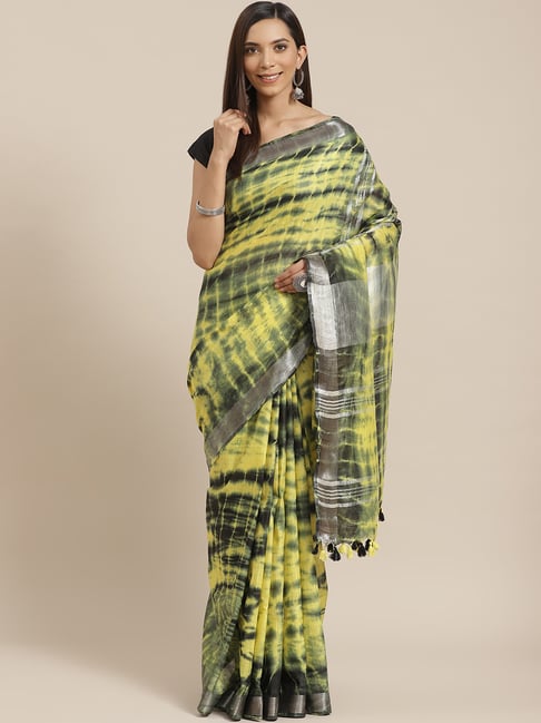 Kalakari India Yellow Linen Tie & Dye Saree With Unstitched Blouse Price in India