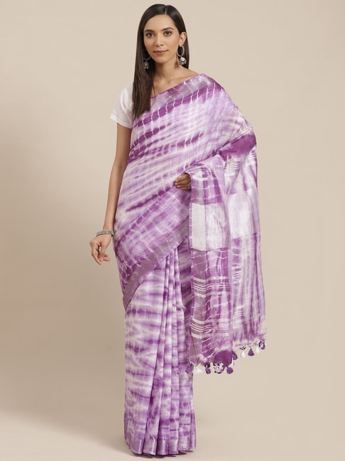 Kalakari India Purple Linen Tie & Dye Saree With Unstitched Blouse Price in India