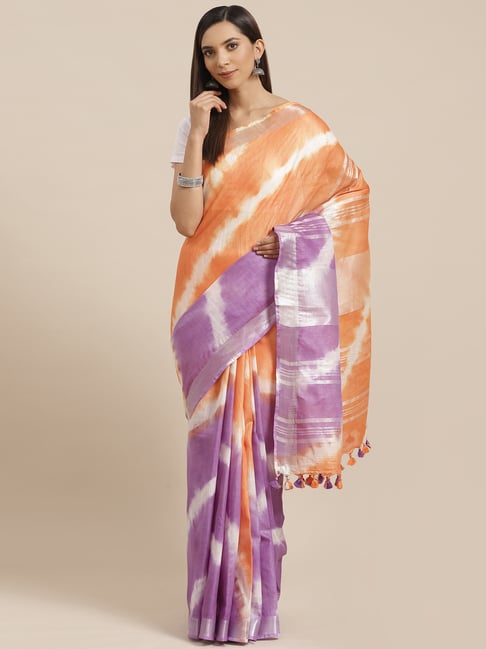 Kalakari India Orange & Purple Linen Tie & Dye Saree With Unstitched Blouse Price in India