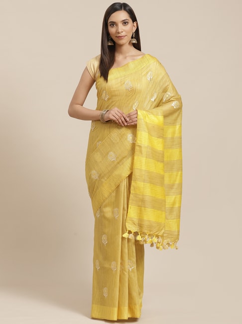 Kalakari India Yellow Linen Embroidered Saree With Unstitched Blouse Price in India