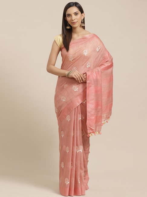 Kalakari India Peach Linen Embroidered Saree With Unstitched Blouse Price in India