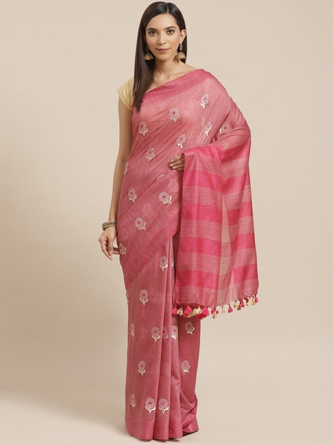 Kalakari India Pink Linen Embroidered Saree With Unstitched Blouse Price in India