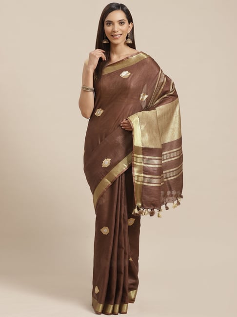 Kalakari India Brown Linen Woven Saree With Unstitched Blouse Price in India