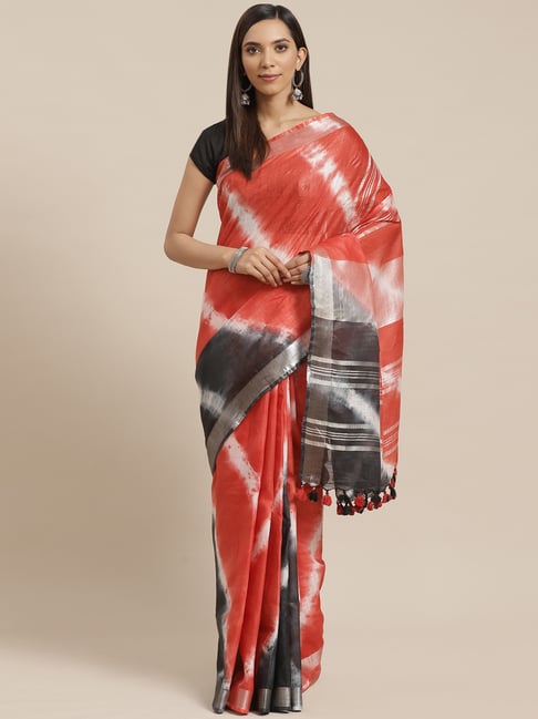 Kalakari India Red Linen Tie & Dye Saree With Unstitched Blouse