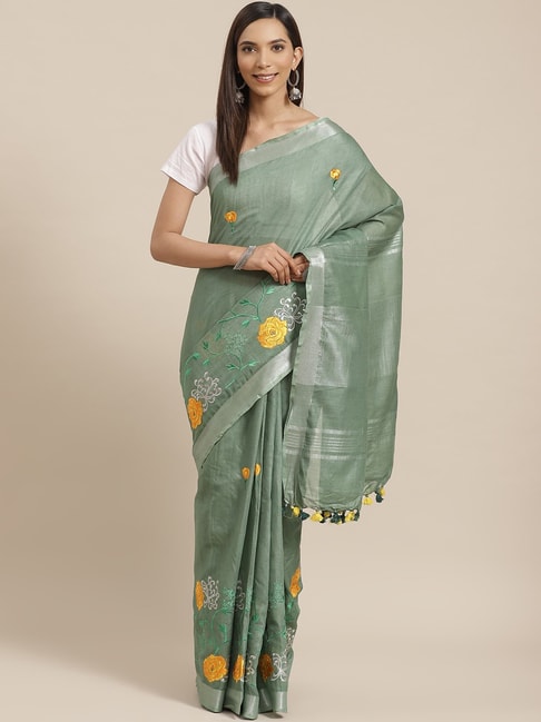 Kalakari India Olive Green Linen Embroidered Saree With Unstitched Blouse Price in India