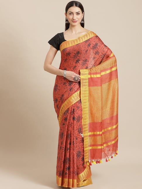Kalakari India Red Linen Woven Saree With Unstitched Blouse Price in India
