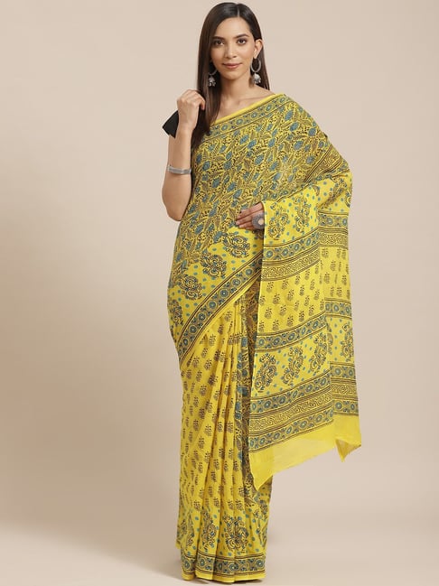 Kalakari India Yellow Cotton Printed Saree With Unstitched Blouse
