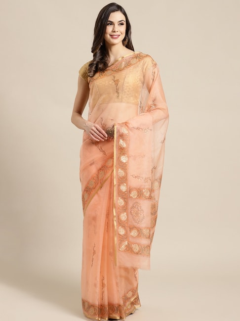 Kalakari India Peach Printed Saree With Unstitched Blouse Price in India