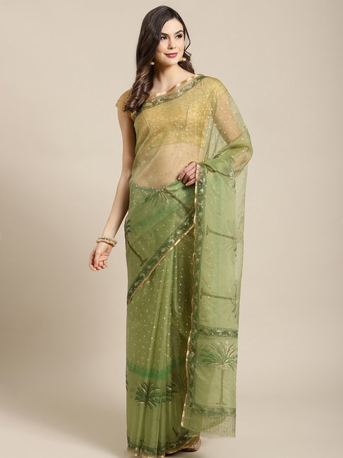 Kalakari India Green Polka Dots Saree With Unstitched Blouse Price in India