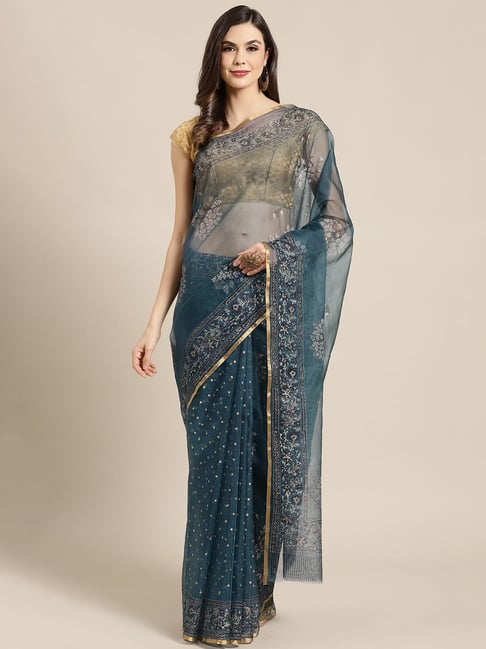 Kalakari India Navy Polka Dots Saree With Unstitched Blouse